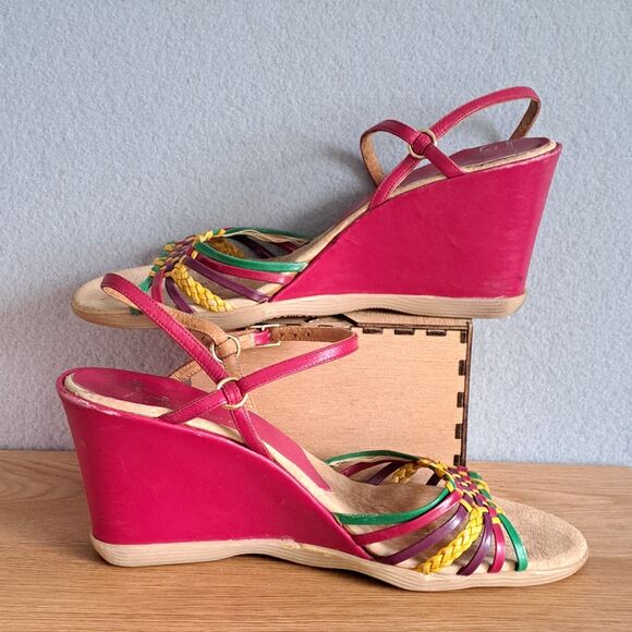 Famolare Vintage Sandals 10 Narrow 70s Hi-Up Pink Wavy Platform Strappy Wedge - Picture 4 of 11